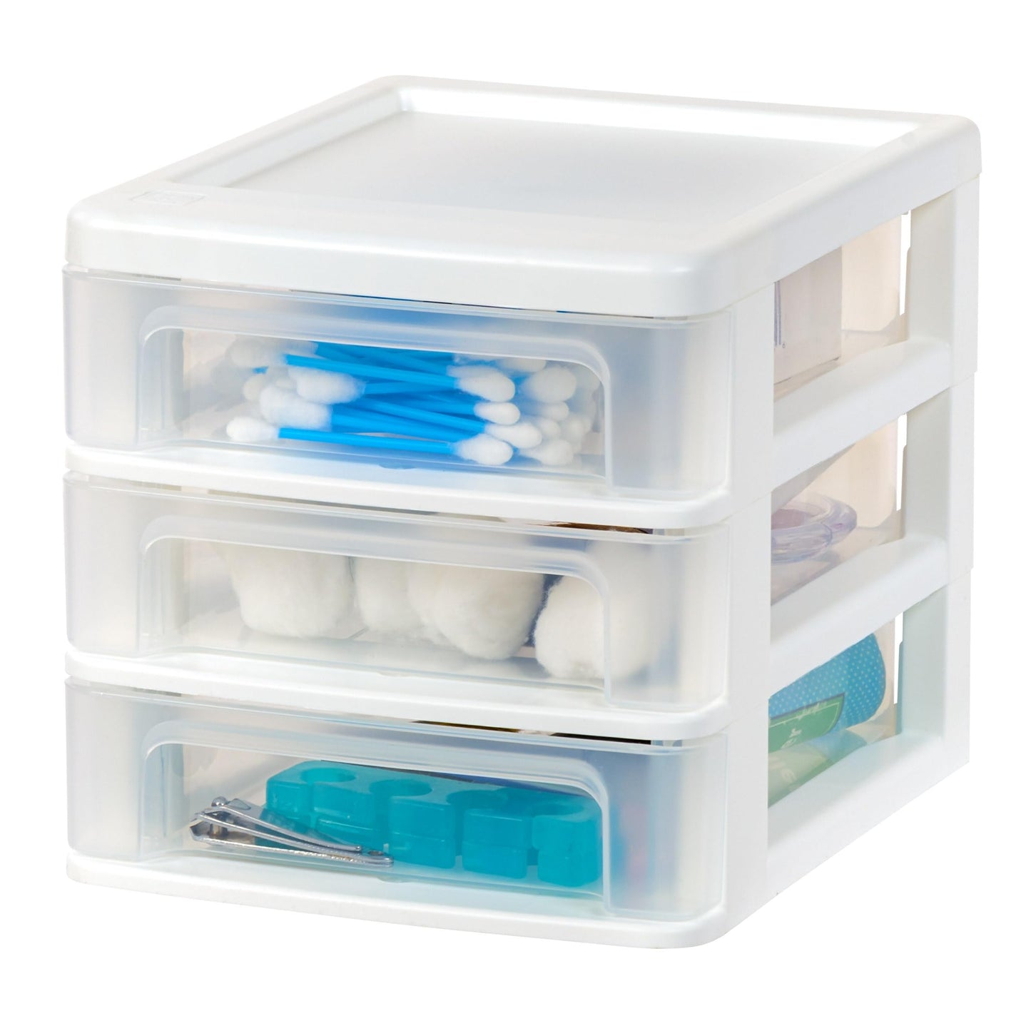 Set of four small white plastic stacking desk organizers