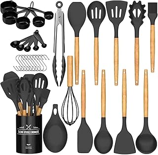33-Piece Silicone Kitchen Utensil Set with Wooden Handles