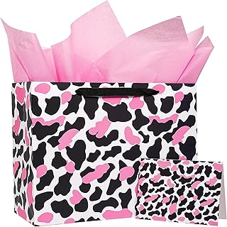 Pink Cow Print Gift Bag with Tissue and Card