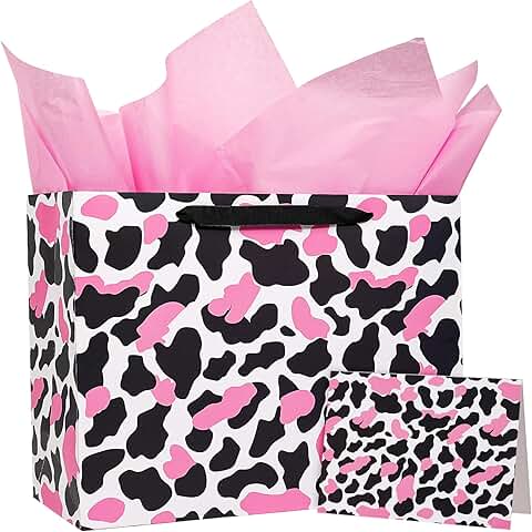 Pink Cow Print Gift Bag with Tissue and Card