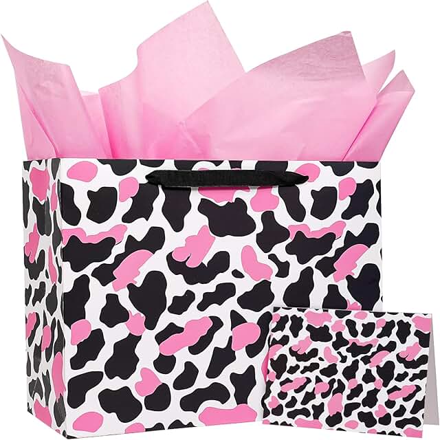 Pink Cow Print Gift Bag with Tissue and Card
