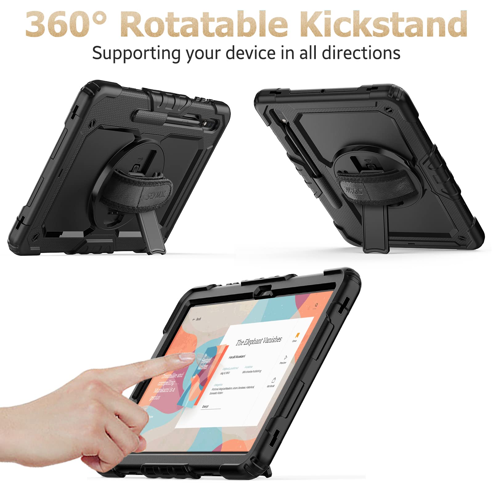 Case for Samsung Galaxy Tab S8 Plus/ S7 FE Case 12.4'' with Screen Protector Pencil Holder [360 Rotating Hand Strap] &Stand, Drop-Proof Case for Galaxy Tab S8 Plus/ S7 FE, Black