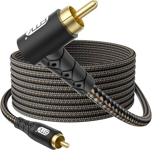 90° RCA Subwoofer Cable, 50ft, Gold-Plated, Double Shielded