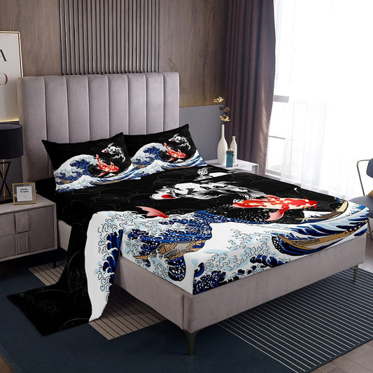 Ukiyoe Fish Bed Sheets Ocean Surfing Koi Toddler Sheet Set Kids Boys Adult Style Exotic Koi Animal Bed Set Exotic Style Sheets Bedroom 4Pcs Full Size