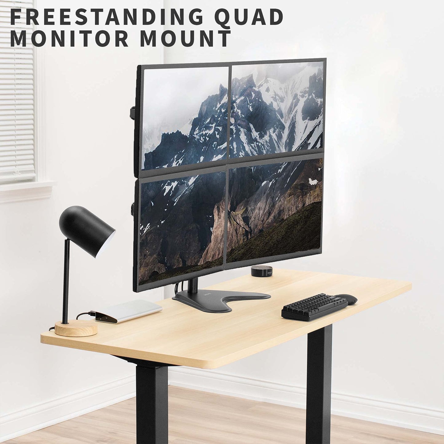 Quad 13 to 30 inch Monitor Free-Standing Mount, Fully Adjustable Desk Stand, Holds 4 Flat or Curved Display Screens, STAND-V004F