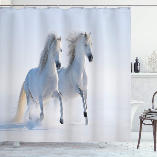 Horses Shower Curtain, loping Rare Spotted Horses on Snow Field Dominant es A ino Different Animals Print, Cloth Fabric Bathroom Decor Set with Hooks, 69" W x 84" L, White