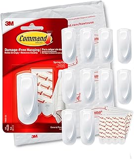 White Spring-Loaded Wall Hooks with Clips and Adhesive Strips