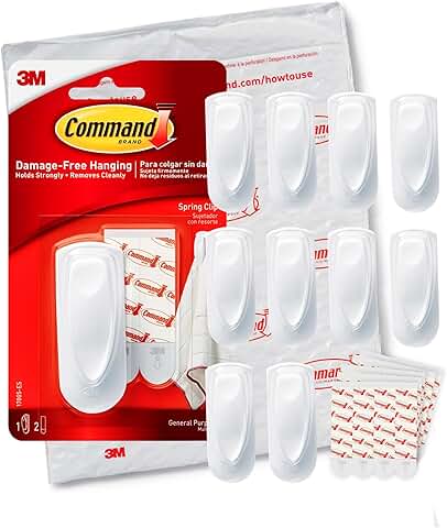 White Spring-Loaded Wall Hooks with Clips and Adhesive Strips