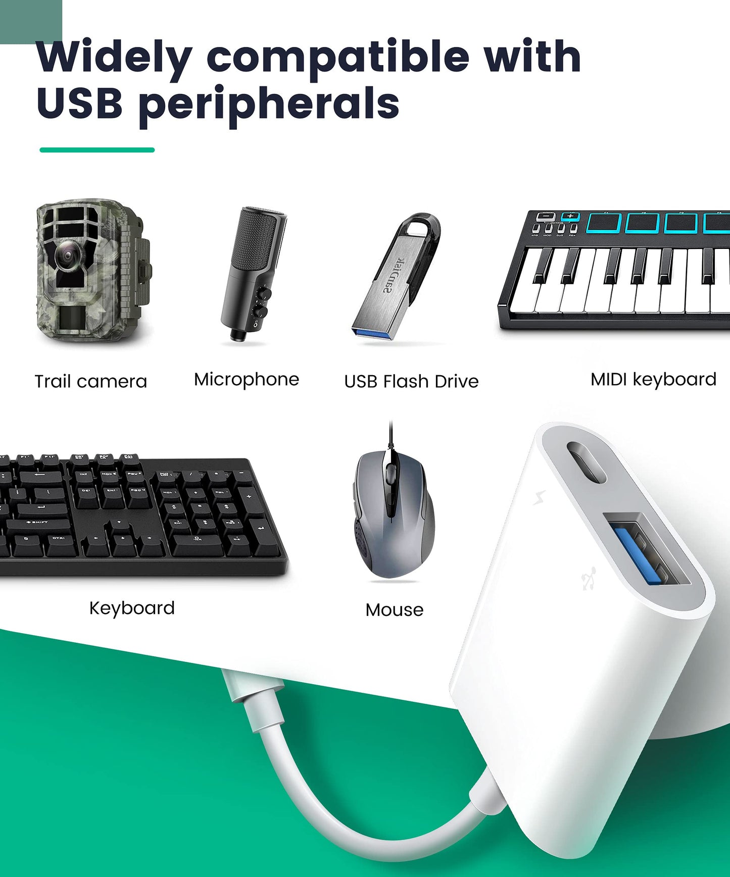 USB Adapter for iPad/iPhone, Lightning to USB Female OTG Adapter Compatible with USB Flash Drive/Microphone/Hard Disk and MIDI,Plug & Play