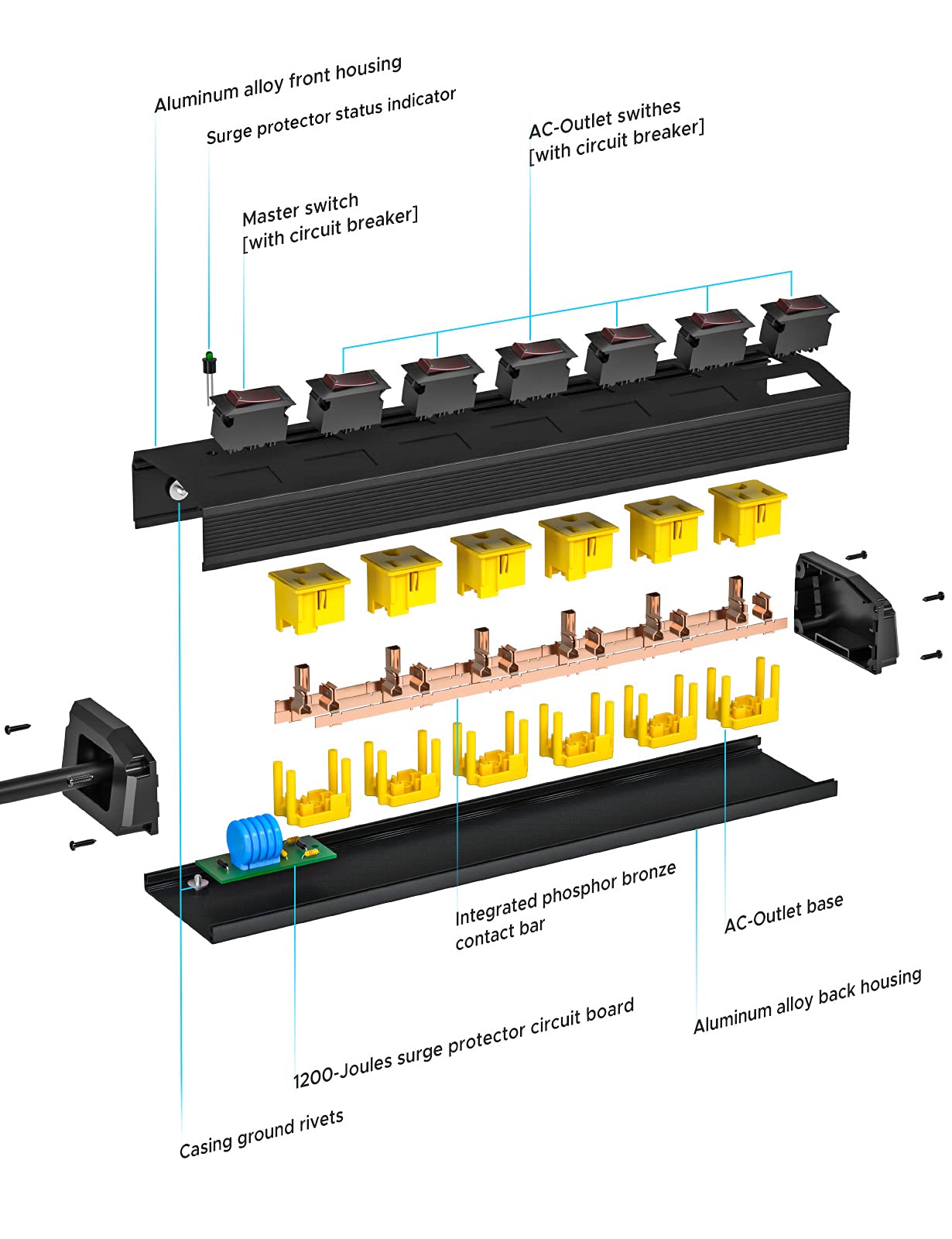 6 Outlet Heavy Duty Power Strips with Individual Switches, 15A/1875W Metal Power Strip Surge Protector with Circuit Breaker (1200 Joules), 6 FT Cord 14AWG