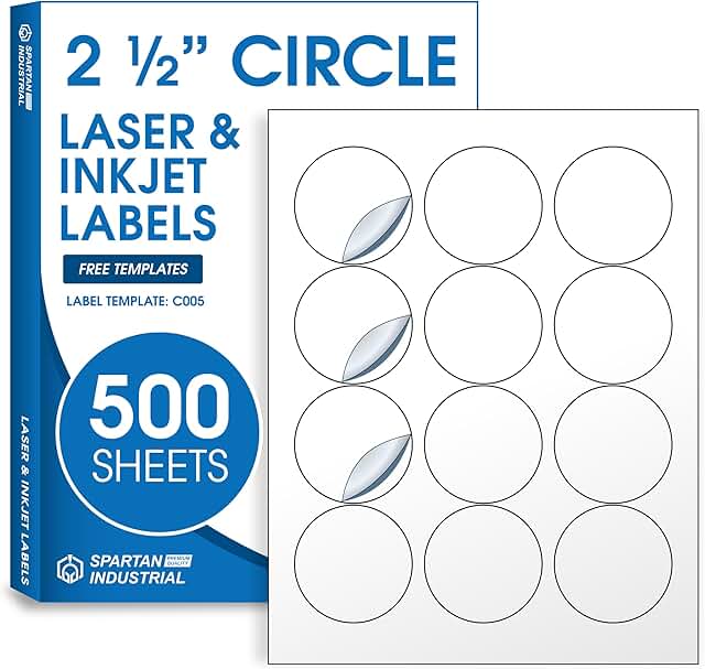 500 Sheets 2.5" White Round Printable Labels