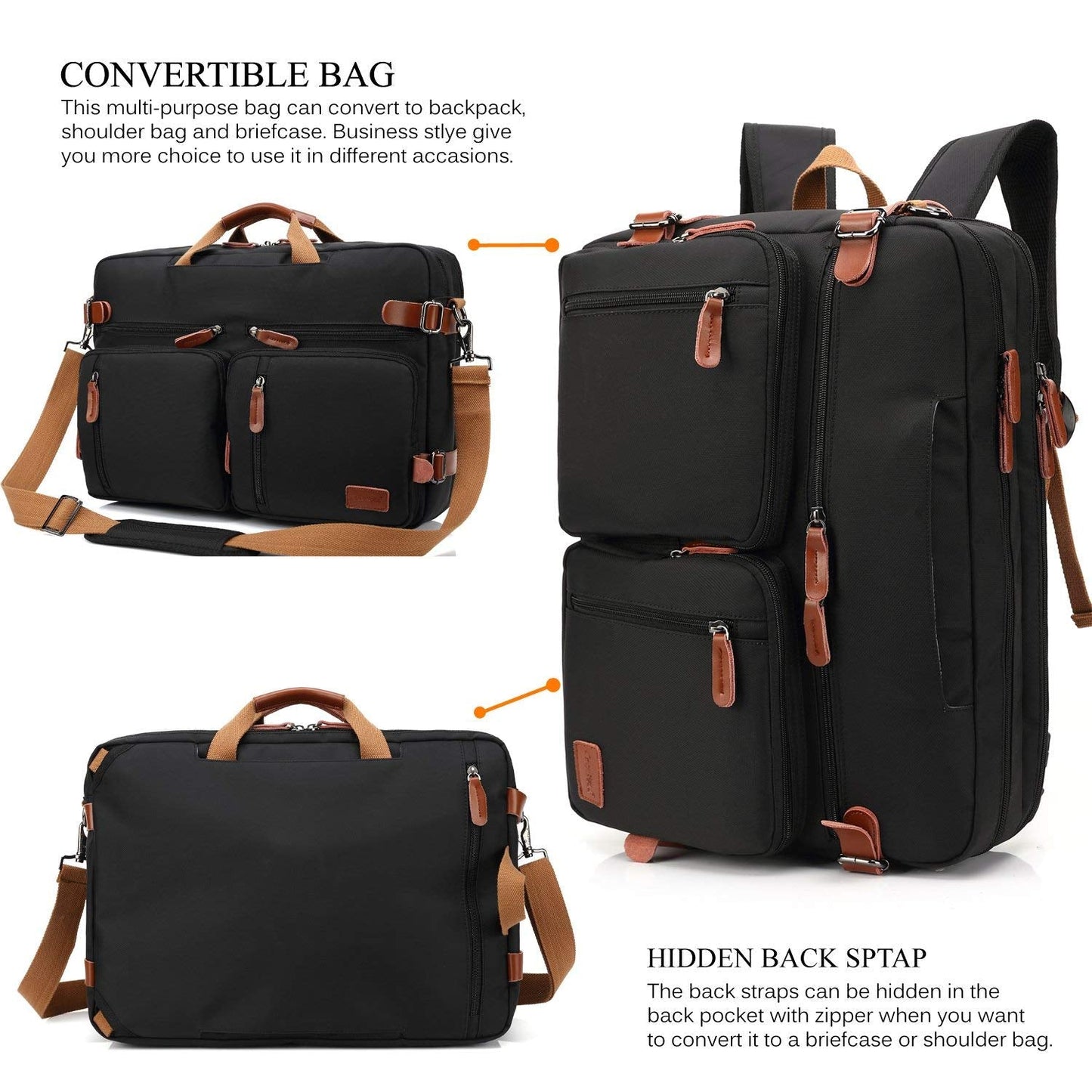 Convertible Backpack Messenger Bag Shoulder Bag Laptop Case Handbag Business Briefcase Multi-Functional Travel Rucksack Fits 17.3 Inch Laptop for Men/Women (Black)