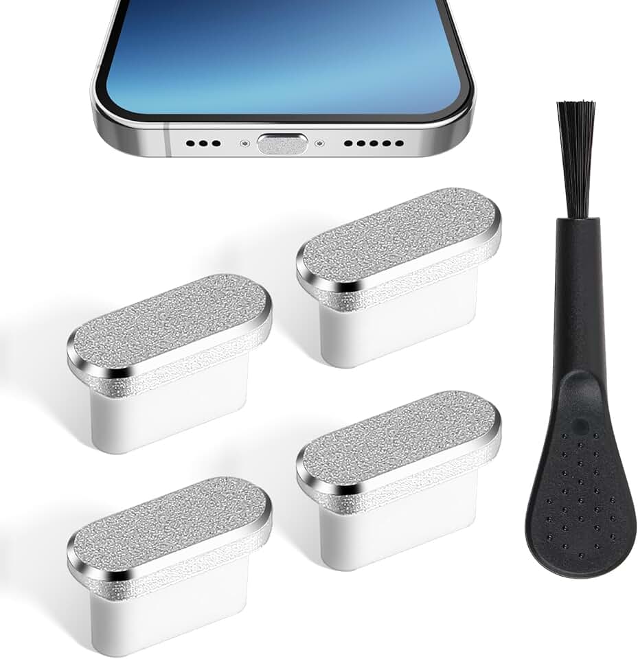 Set of four metal USB C port covers with cleaning brush