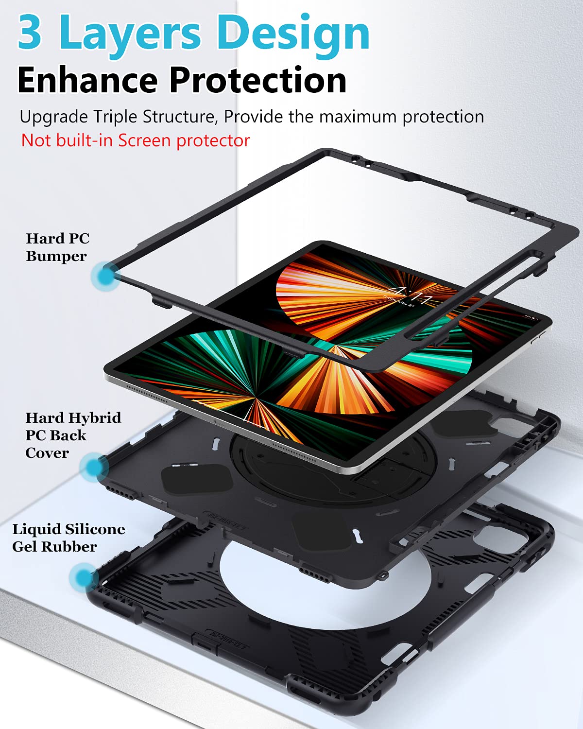iPad Pro 12.9 Case 2021 5th Generation: Military Grade Shockproof Silicone Protective Cover for iPad 12.9 Inch 5th Gen w/Pencil Holder Stand - Handle - Shoulder Strap Black