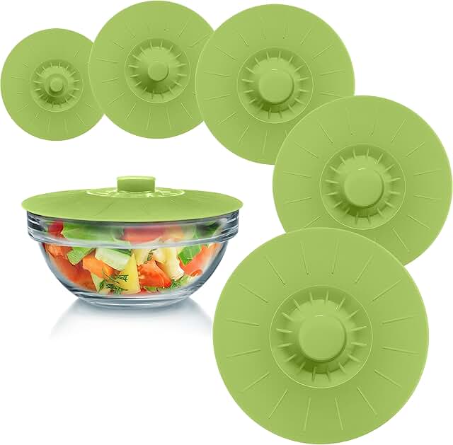 Set of 5 Green Silicone Bowl Lids with Suction Seals