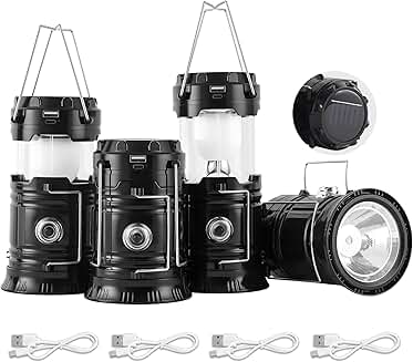 Collapsible Portable Solar Camping Lanterns, USB Rechargeable, 4-Pack
