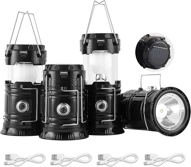 Collapsible Portable Solar Camping Lanterns, USB Rechargeable, 4-Pack