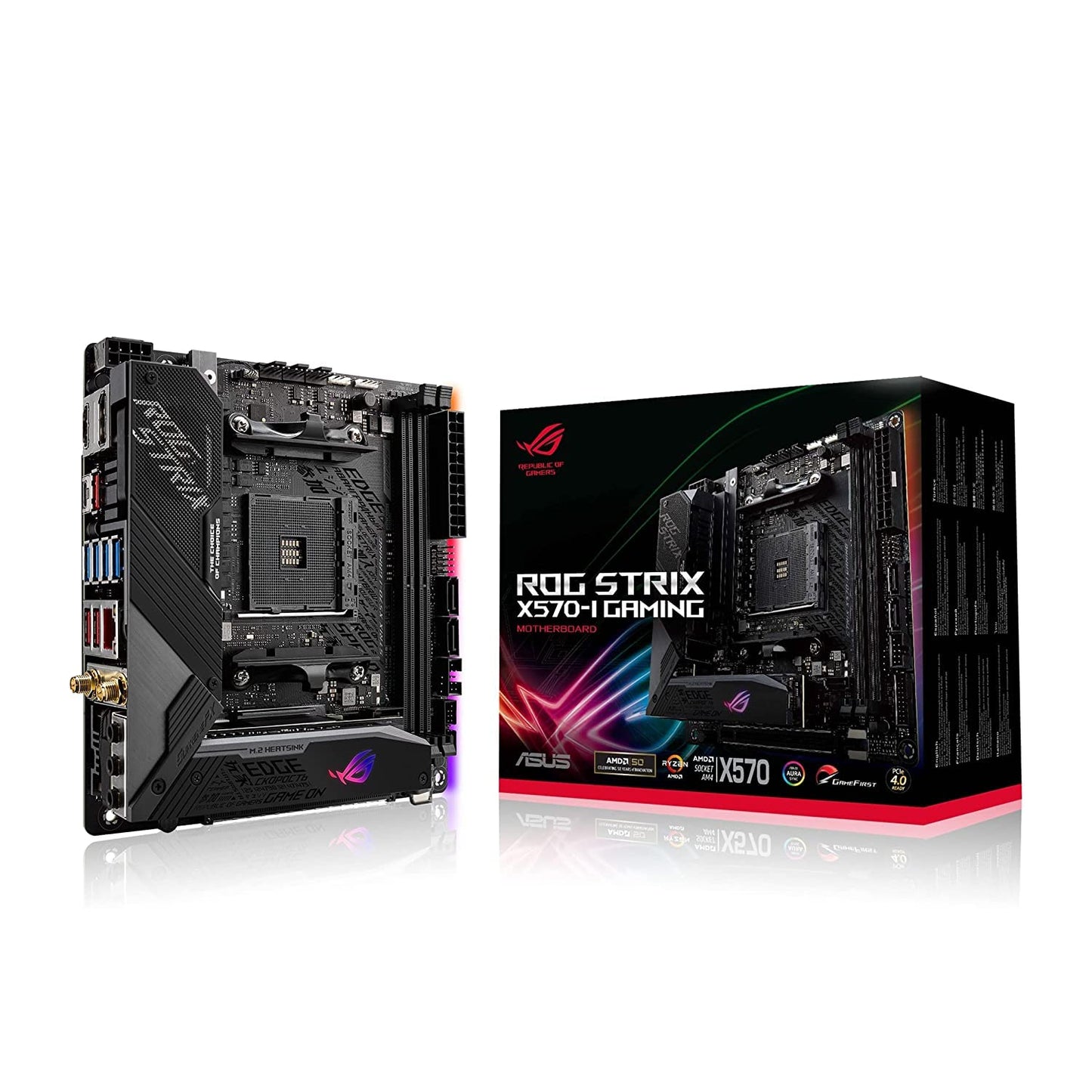 ROG Strix X570-I Gaming, X570 Mini-ITX Gaming Motherboard, AMD Ryzen 3000 with PCIe 4.0, WiFi 6 (802.11ax), Intel Gigabit Ethernet, SATA 6Gb/s