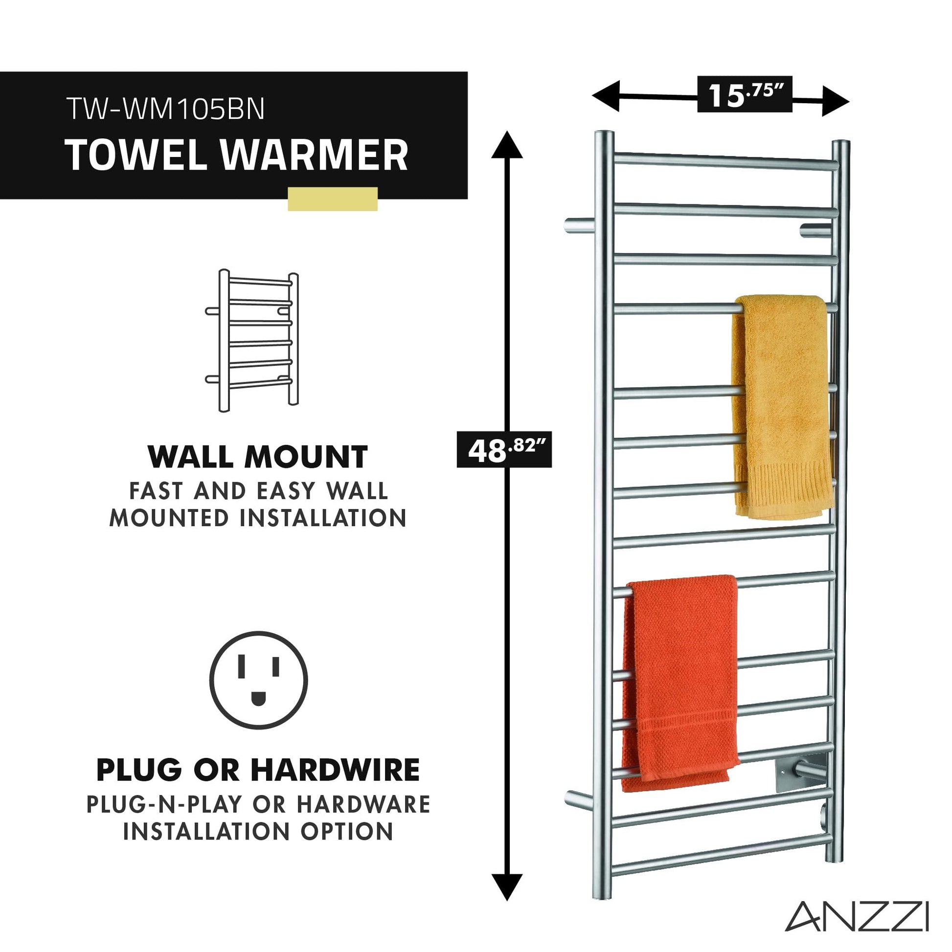 Elgon 14-Bar Stainless Steel Wall Mounted Towel Warmer Rack in Brushed Nickel  160W Quick Warming ETL Tower Heater Rail  Hardwired Plug-in Towel Dryer  TW-WM105BN