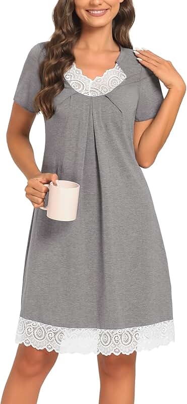 Women's Lace Trim Short Sleeve V-Neck Nightgown