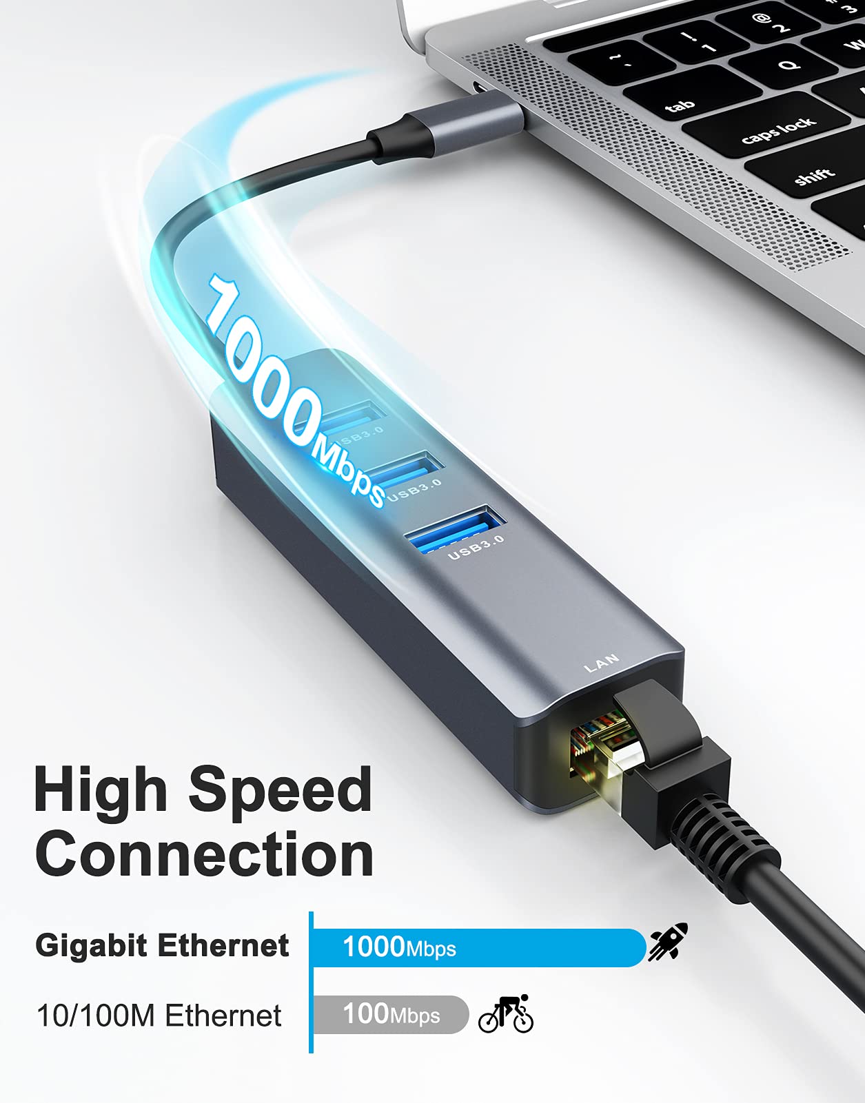 USB C to Ethernet Adapter, 4-in-1 RJ45 to USB-C/Thunderbolt 3 to Gigabit Ethernet LAN Network Adapter for MacBook Pro/Air 2021/2020/2019, iPad Pro 2021, Chromebook, XPS, Surface Book 3/2/Go