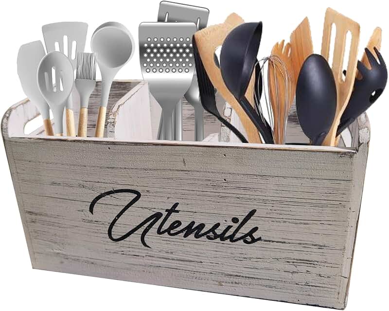 Wooden Kitchen Utensil Holder with 3 Compartments