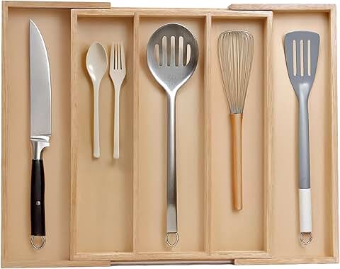 Expandable 5-Compartment Wooden Silverware Organizer