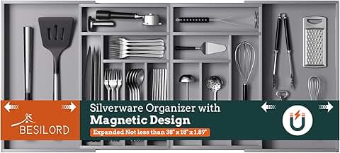 Large Magnetic Silverware Organizer, Expandable Drawer Tray