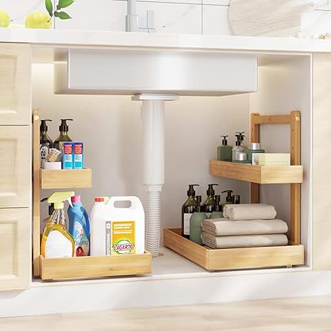 Two Pack Bamboo Under Sink Organizer with Two Tiers