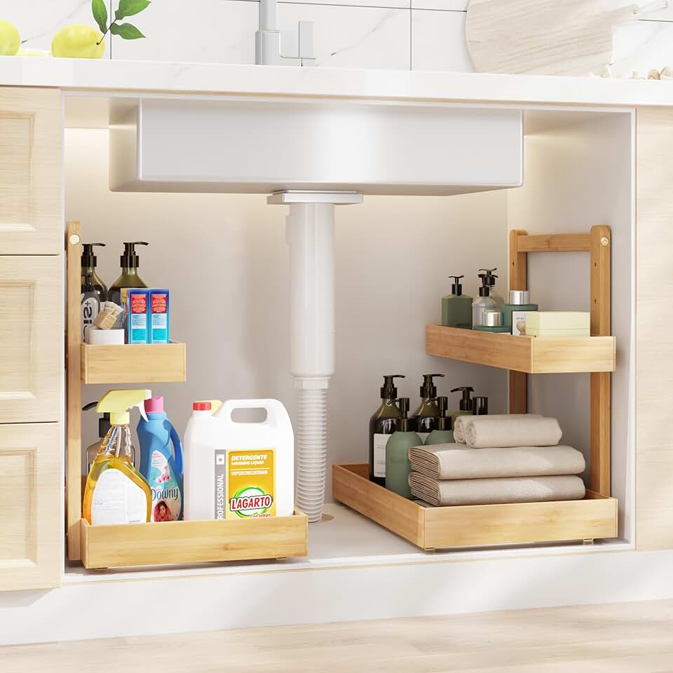 Two Pack Bamboo Under Sink Organizer with Two Tiers