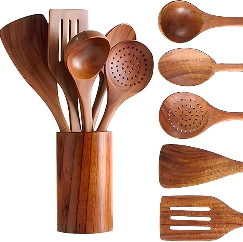 Kitchen Utensil Set with Non-Stick Cookware and Wooden Handles