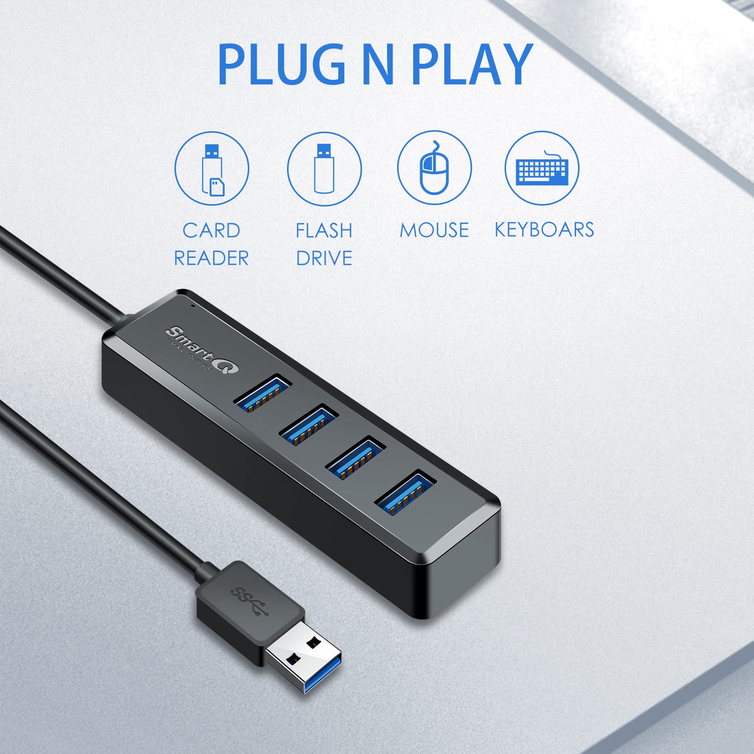 H302S USB 3.0 Hub for Laptop with 2ft Long Cable, Multi USB Port Expander , Fast Data Transfer USB Splitter for Laptop, Compatible with Windows PC, Mac, Printer, Mobile HDD