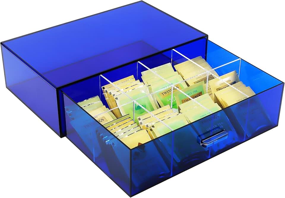 Navy Blue Acrylic Tea Bag Organizer with Drawer