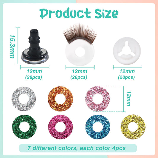 28pcs 12mm Plastic Safety Eyes with Brown Lashes and Glitter Paper Circles