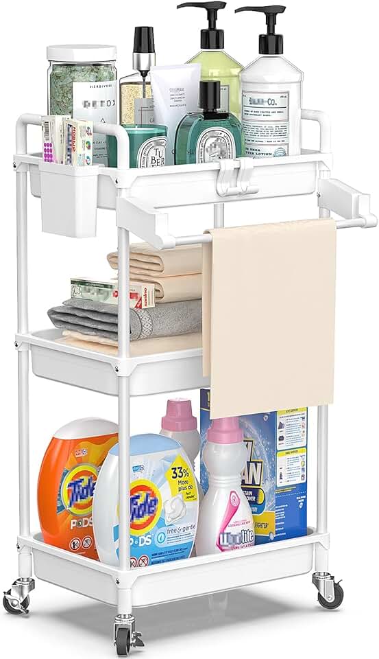 3-Tier Rolling Storage Cart with Towel Rack and Hooks