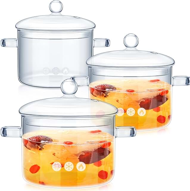 Set of 3 clear glass saucepans with lids