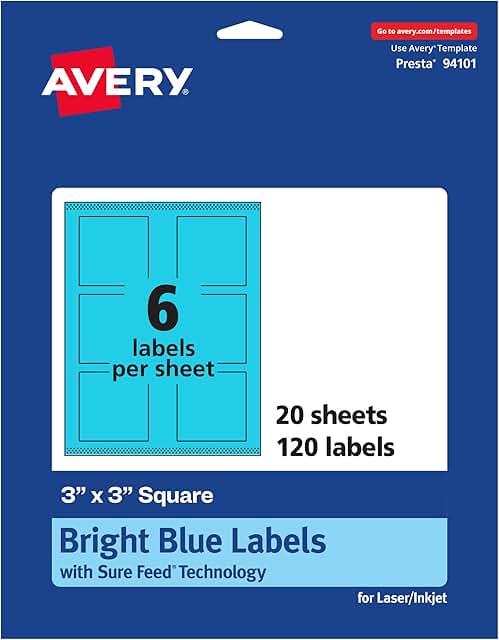 Bright Blue 3x3 Printable Square Labels, 120 Pack