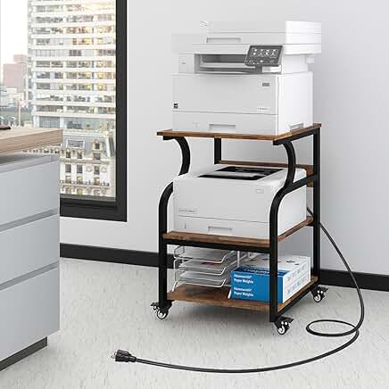 Large 3-Tier Rolling Printer Cart with Adjustable Shelves