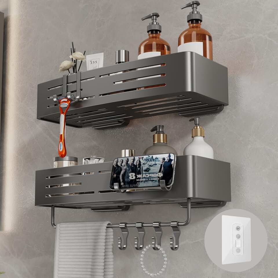 2-Pack Adhesive Shower Shelves with Towel Bar and Hooks