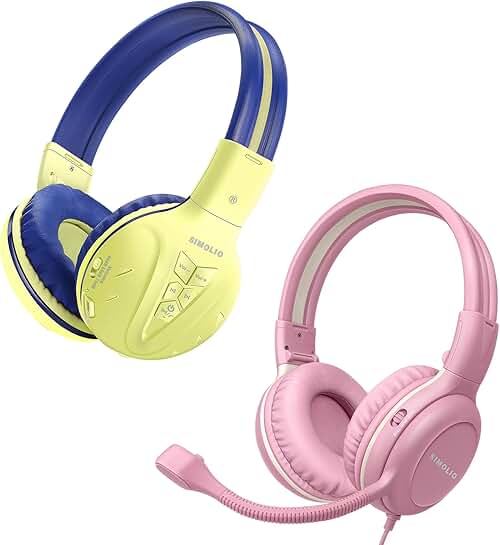 Kids Wired and Wireless Headphones with Mic, Pink, Foldable