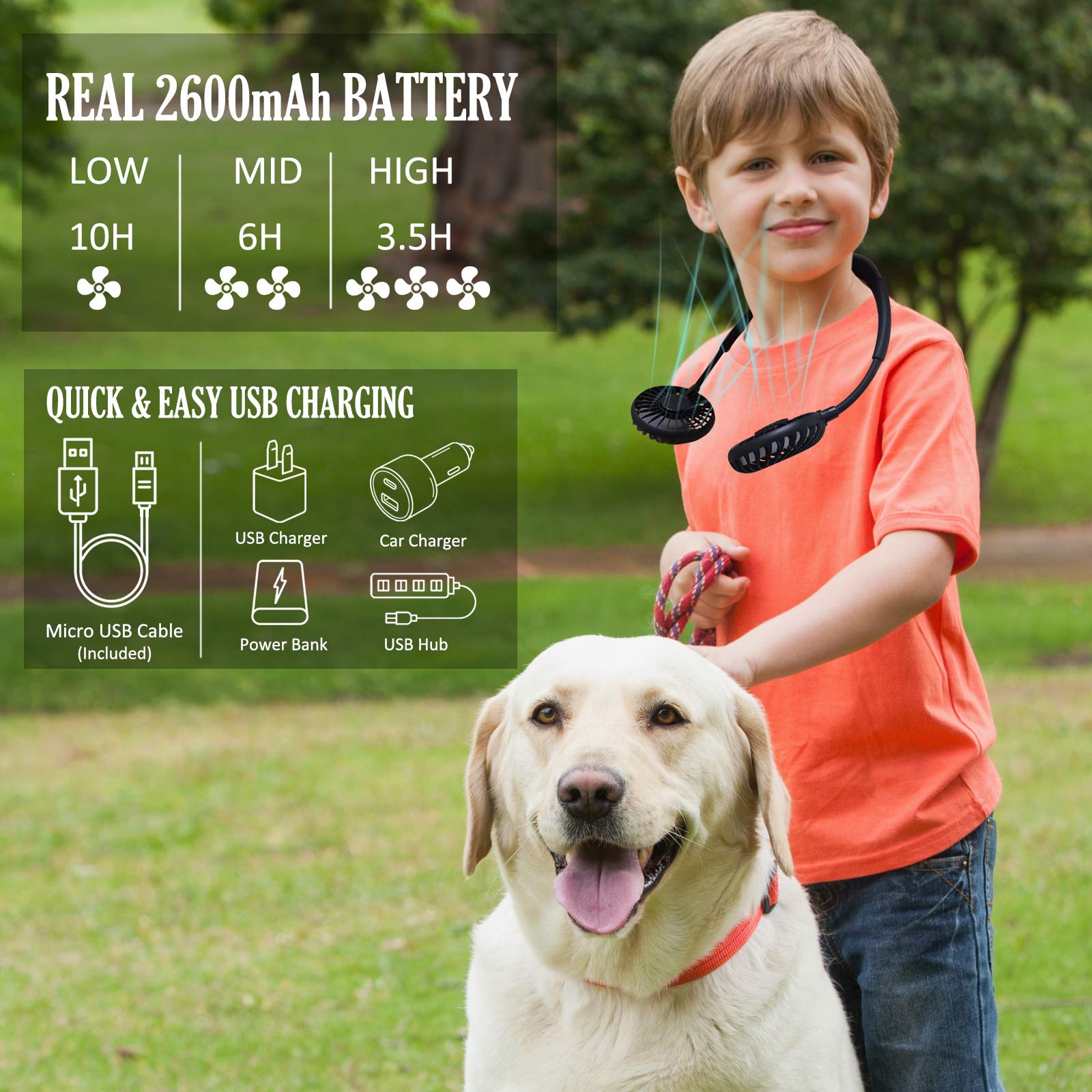 Neck Fan, Rechargeable Battery Operated Portable Fan 2600mAh, Hands Free Personal Fan Hang Around Neck Fans, Wearable Small Fan for Outdoor Working Battery Powered USB Fan Over 12 Hours Constant Cool