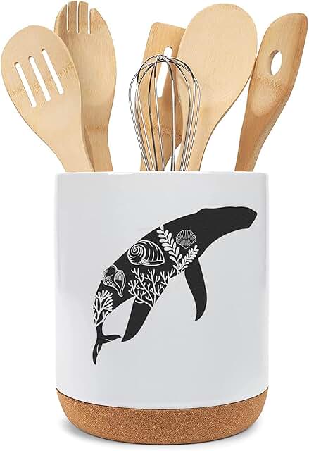 White ceramic whale and ocean life utensil holder