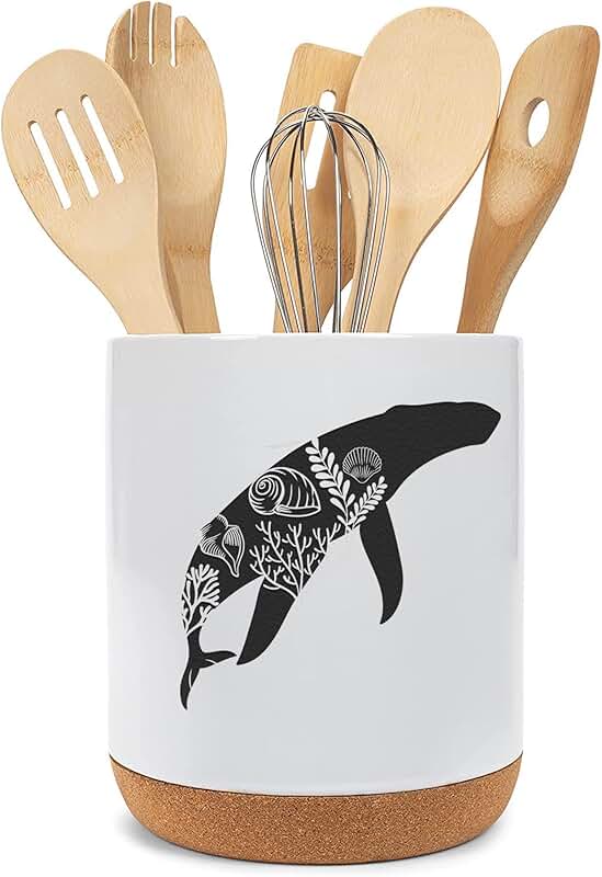 White ceramic whale and ocean life utensil holder