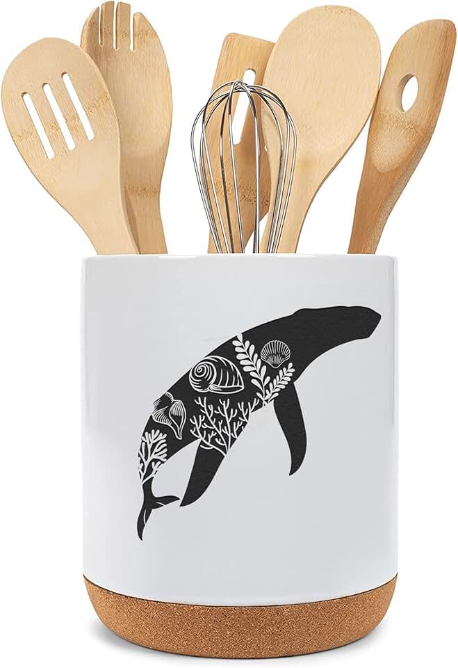 White ceramic whale and ocean life utensil holder
