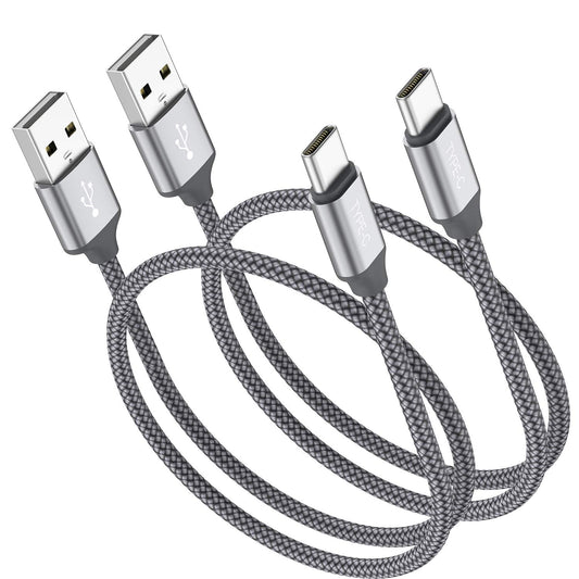 Short USB Type C Cable 2-Pack, Grey, 1ft, Nylon Braided