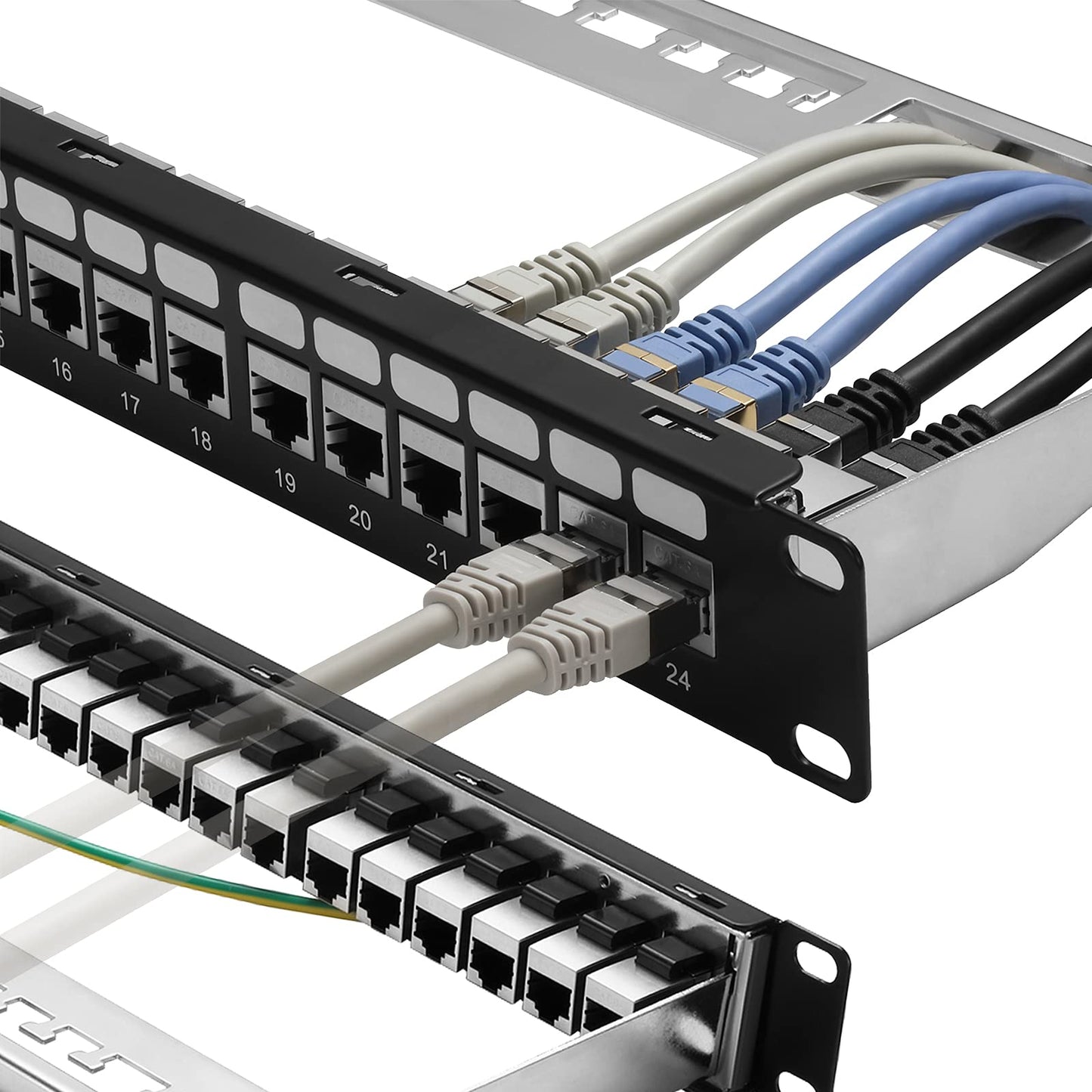 Patch Panel 24 Port Cat6A with Inline Keystone 10G Support, Coupler Patch Panel STP Shielded 19-Inch with Removable Back Bar, 1U Network Patch Panel for Cat7, Cat6, Cat6A, Cat5e, Cat5 Cabling
