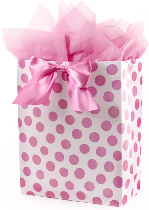 Large pink polka dot gift bag with tissue for any occasion