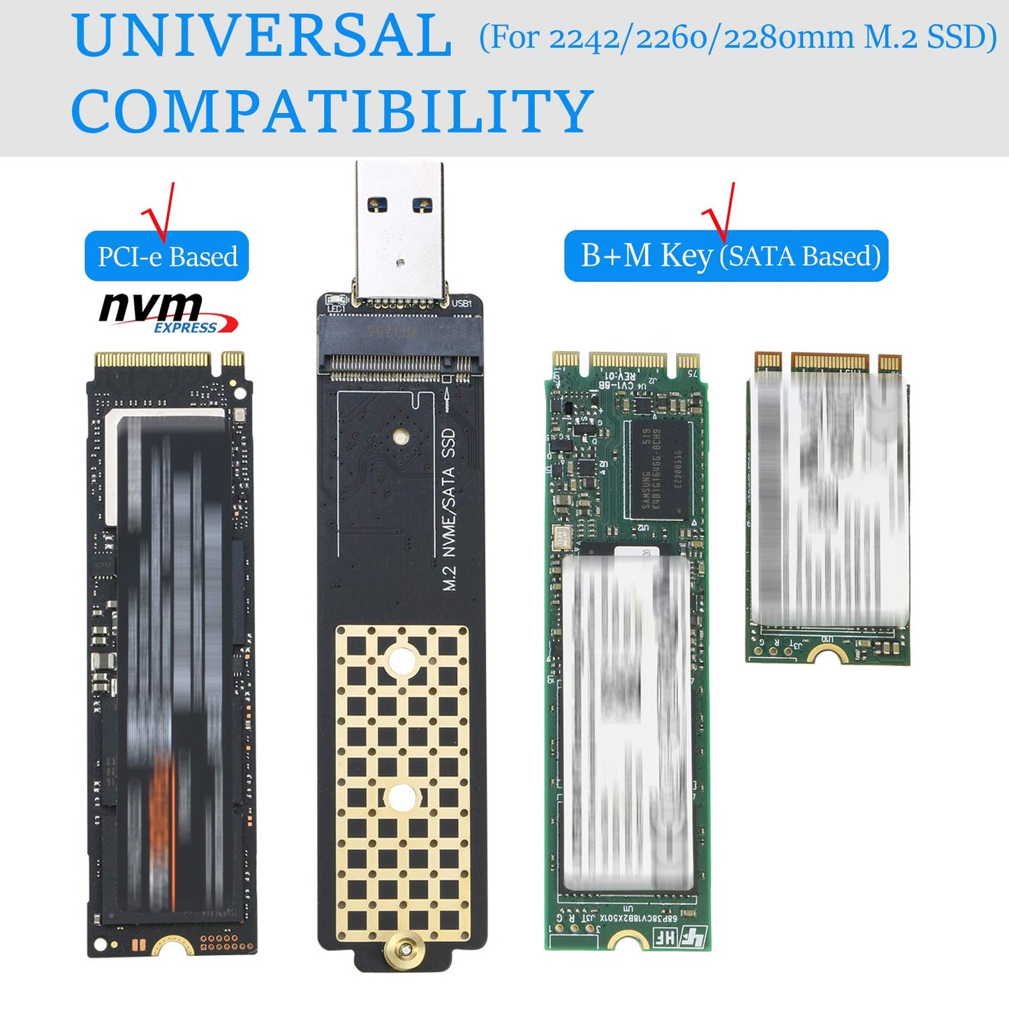 M.2 to USB Adapter, NVMe to USB 3.1 Reader Card Compatible with Both NVMe (PCI-e) M Key SSD & (B+M Key SATA Based) NGFF SSD
