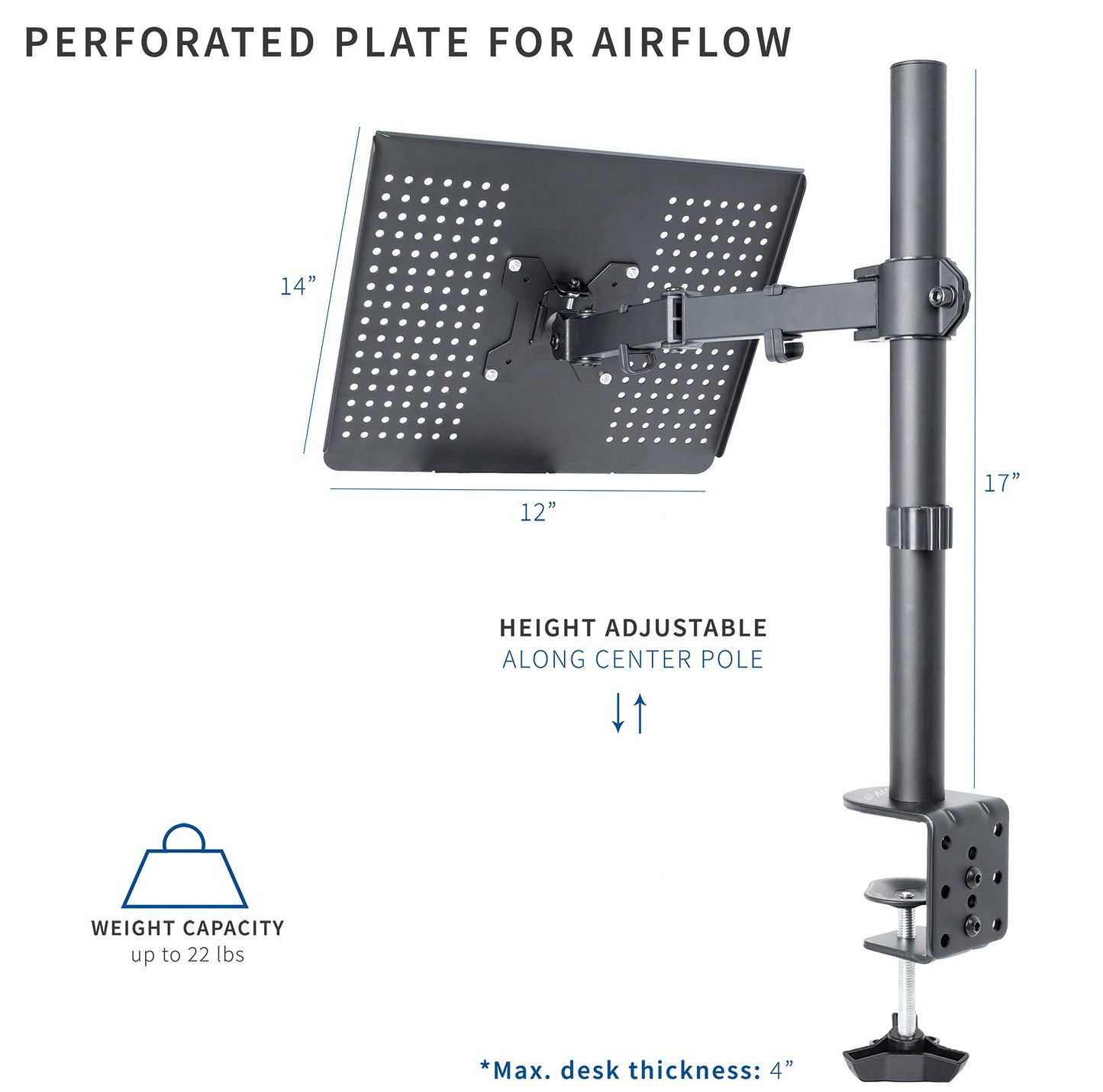 Single Laptop Notebook Desk Mount Stand, Fully Adjustable Extension with C Clamp STAND-V001L