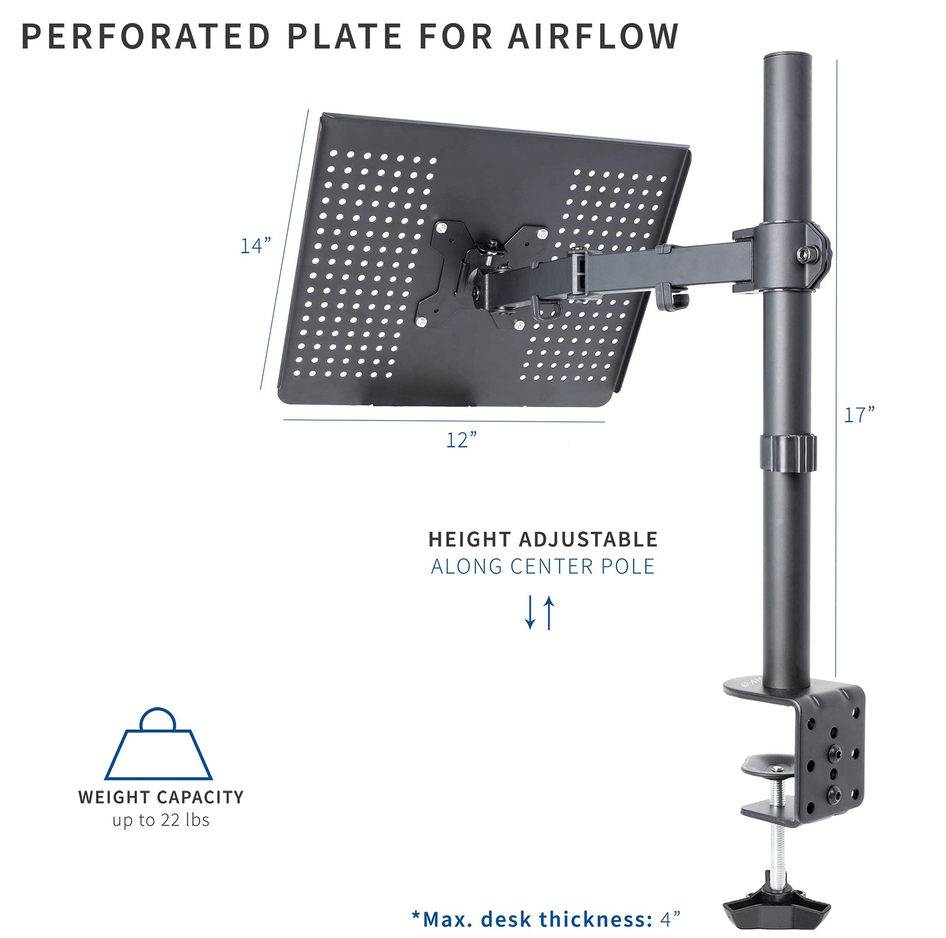 Single Laptop Notebook Desk Mount Stand, Fully Adjustable Extension with C Clamp STAND-V001L